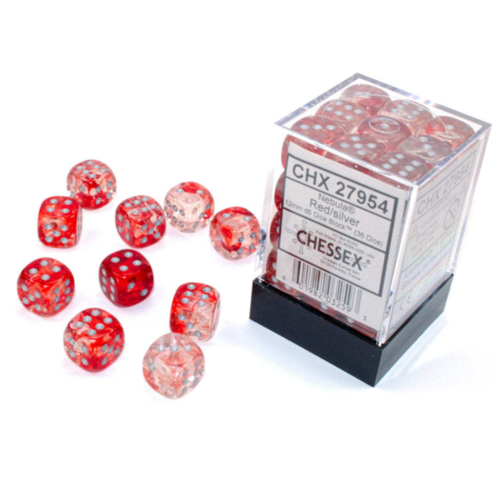 Chessex 12mm D6 Set Dice 36 Count Nebula Red Silver Luminary CHX 27954