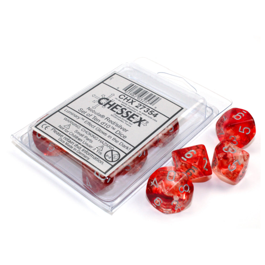 Chessex 10 D10 Polyhedral Dice Nebula Red Silver Luminary CHX27354 - Radar Toys