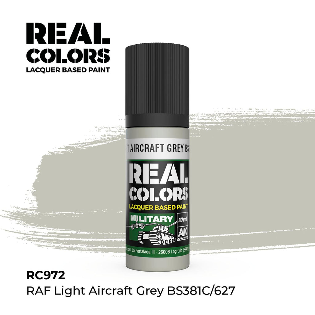 AK Real Colors RAF Light Aircraft Grey BS381C/627 Lacquer Paint 17mL