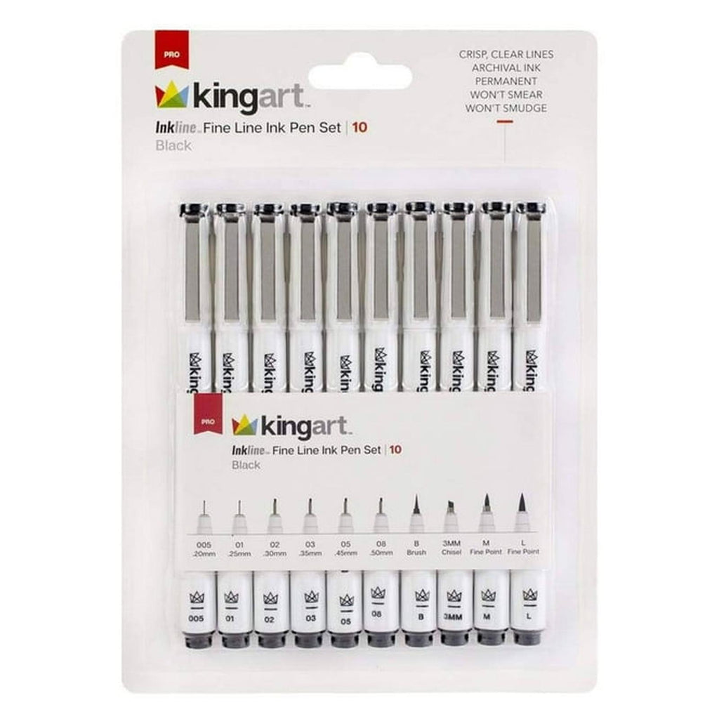 Kingart Inkline 10 Piece Black Fine Line Pen Set - Radar Toys