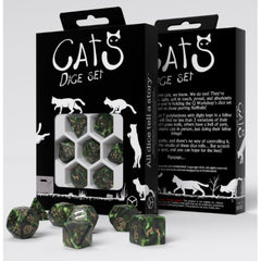 Q-Workshop Cats Pixel Green Black Swirl 7 Piece Dice Set