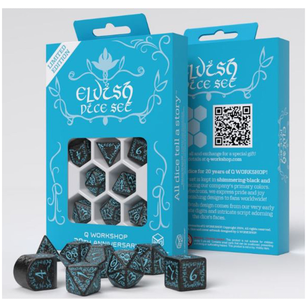 Q-Workshop 20th Anniversary Elvish Black And Blue 7 Piece Dice Set