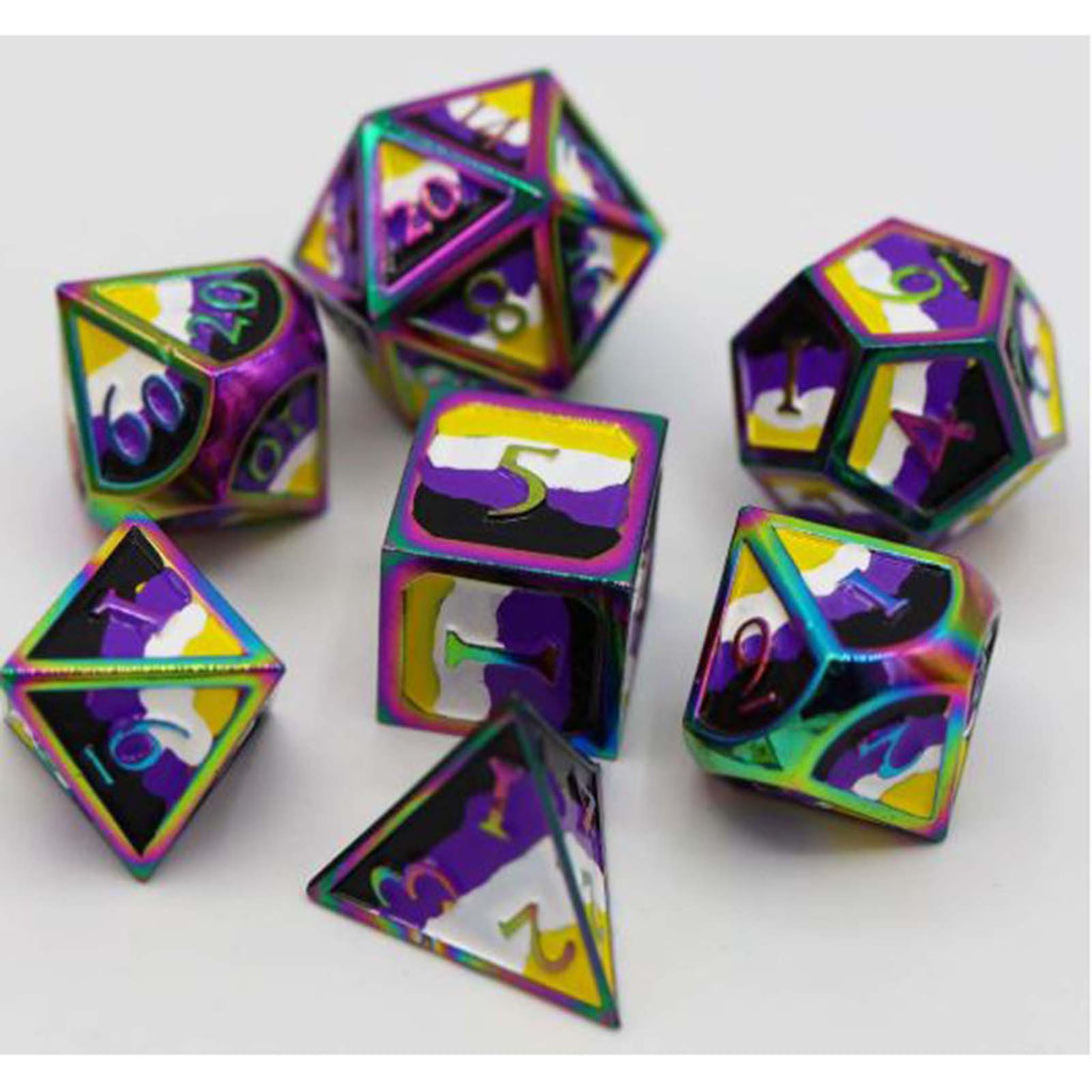 Foam Brain Nonbinary Pride Flag Metal 7 Piece Dice Set
