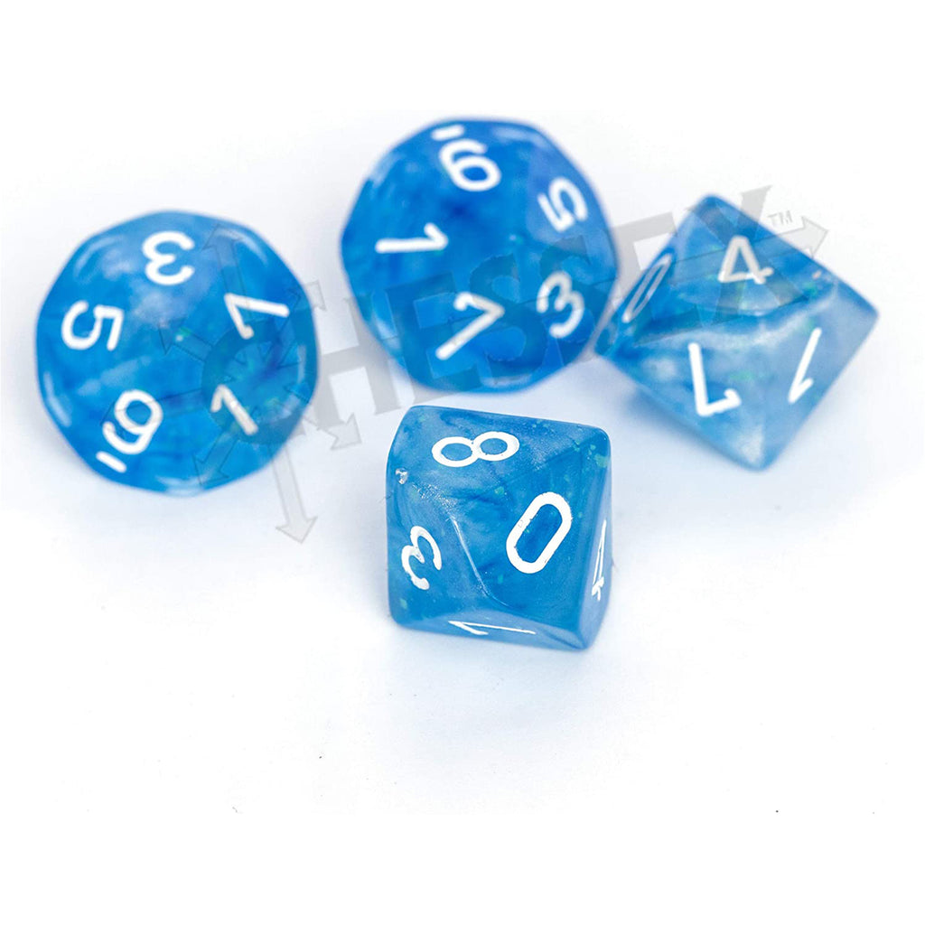 Chessex 7 Set Polyhedral Dice Borealis Sky Blue White Luminary D10s CHX27386
