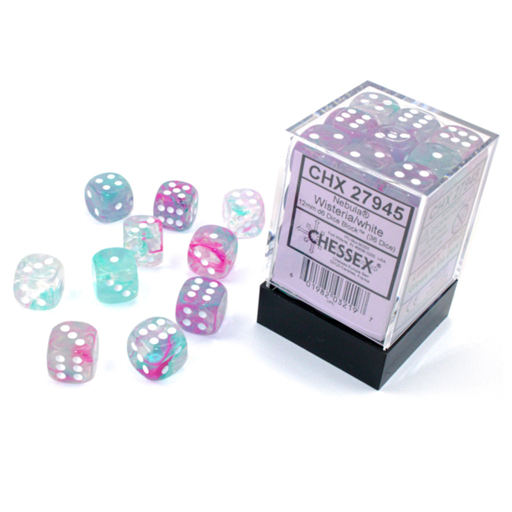 Chessex 12mm D6 Set Dice 36 Count Nebula Wisteria White Luminary CHX 27945