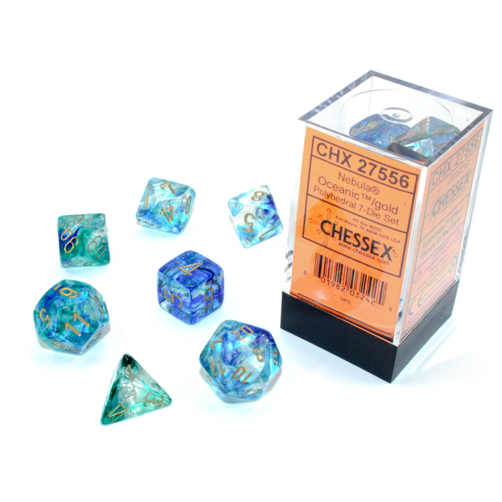 Chessex 7 Set Polyhedral Dice Nebula Oceanic Gold Luminary CHX27556