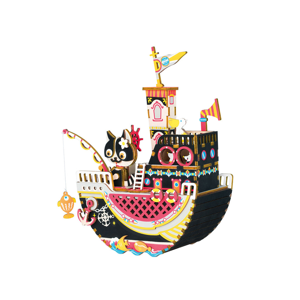 Robotime Fishing Kitty Music Box 3D Wooden Puzzle Set