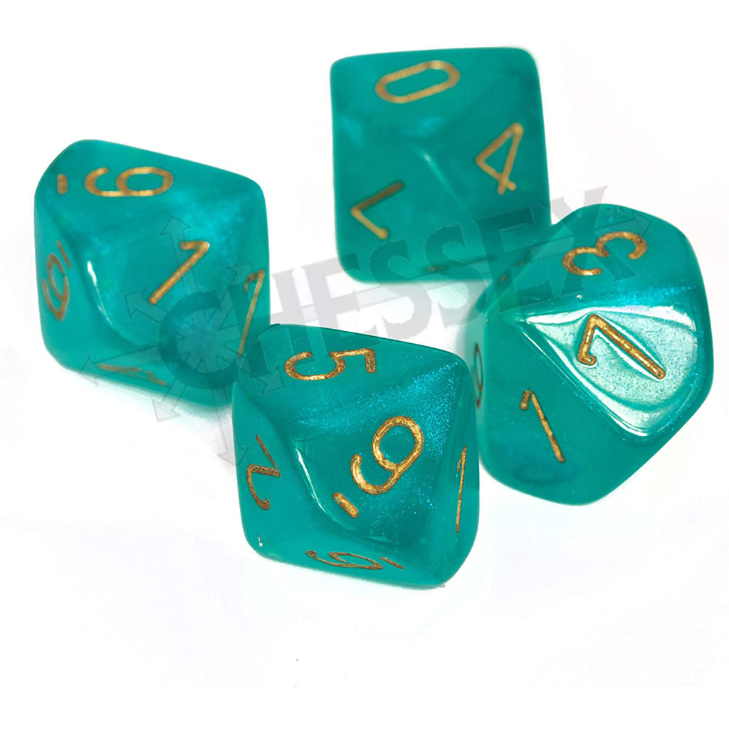 Chessex 7 Set Polyhedral Dice Borealis Teal Gold Luminary D10s CHX27385