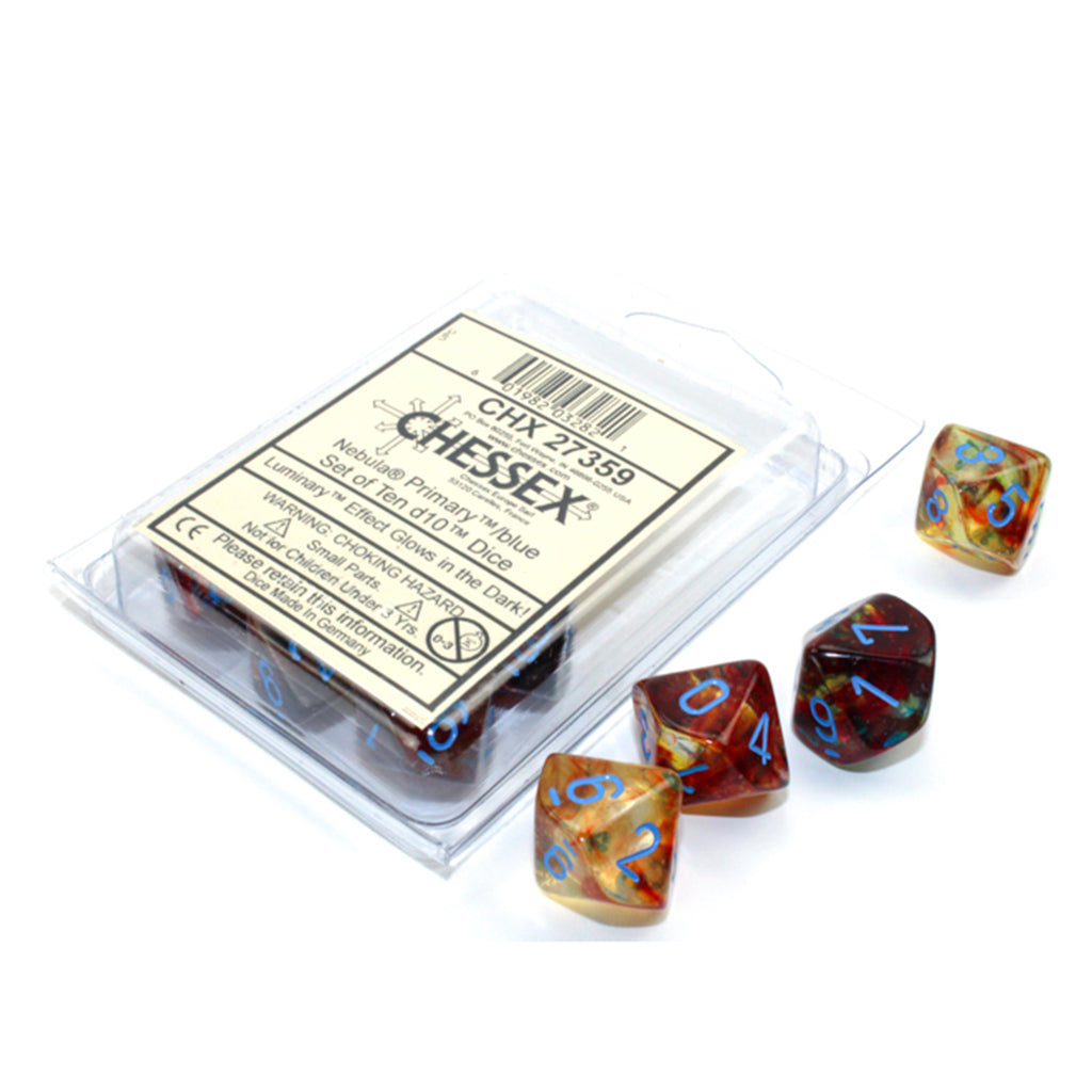Chessex 10 D10 Polyhedral Dice Nebula Primary Blue Luminary CHX27359