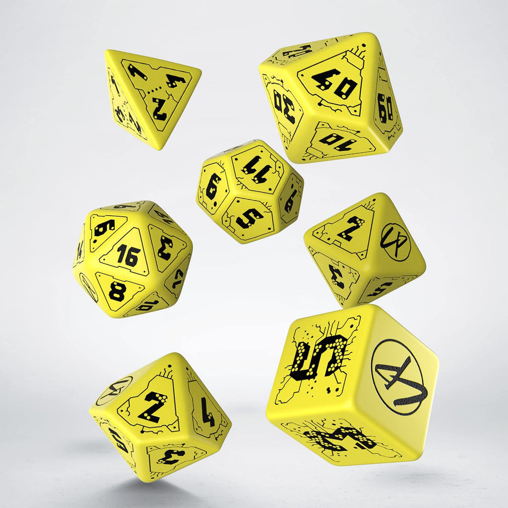 Q Workshop Cyberpunk Red Danger Zone Yellow And Black 7 Piece Dice Set - Radar Toys