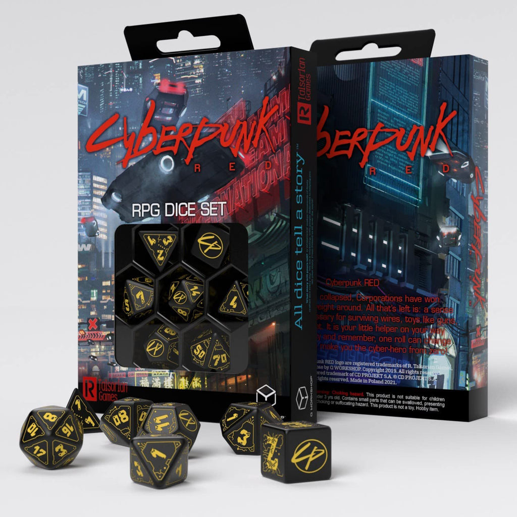 Q Workshop Cyberpunk Red Wet Work Black And Yellow 7 Piece Dice Set