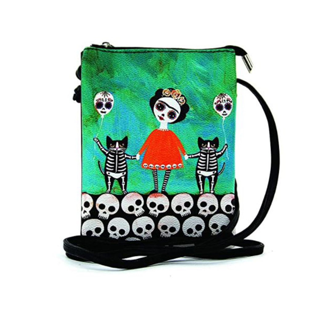 Orange Dress Skeleton Girl With Cats Small Crossbody Bag Purse