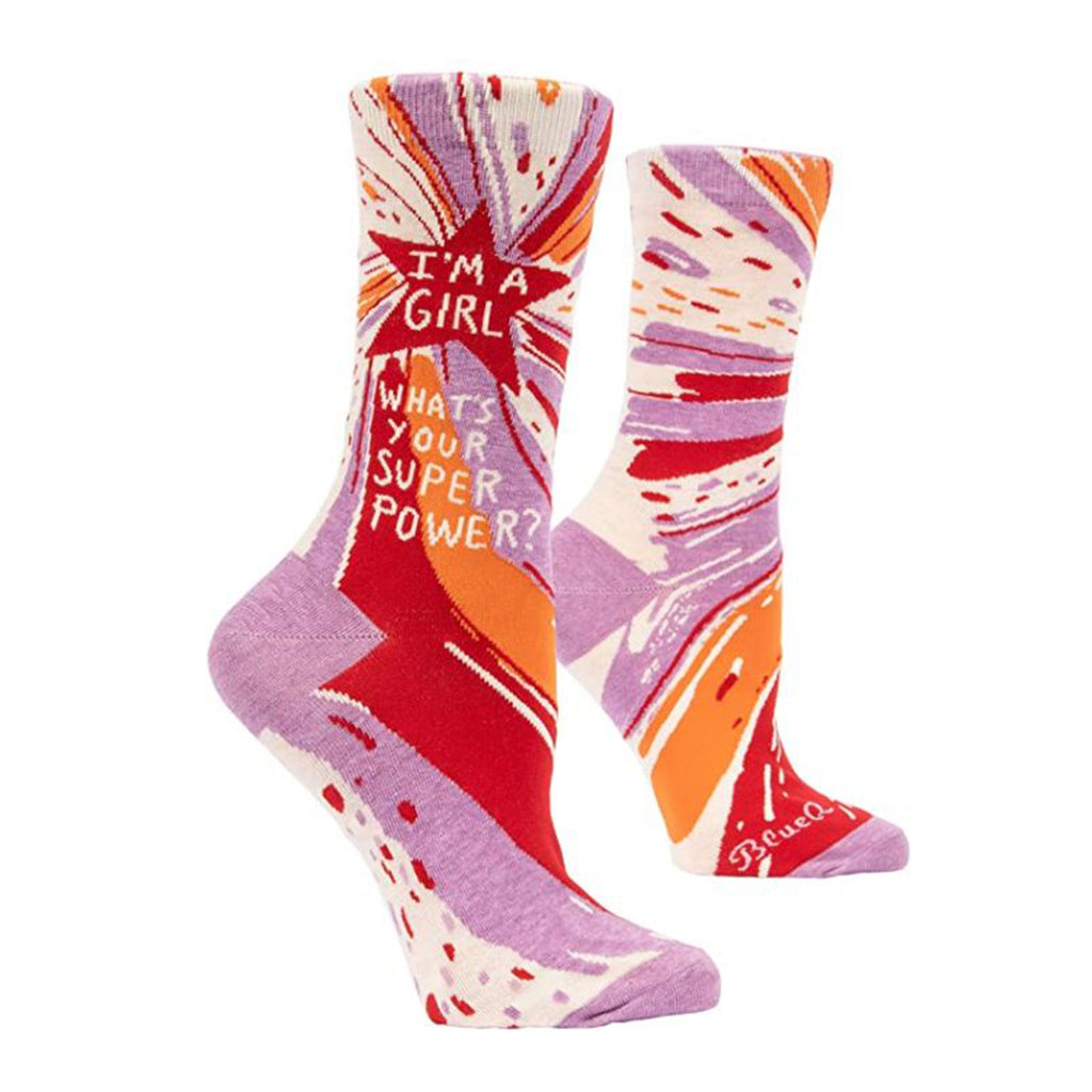 Blue Q I'm A Girl What's Your Superpower Single Pair Crew Socks - Radar Toys
