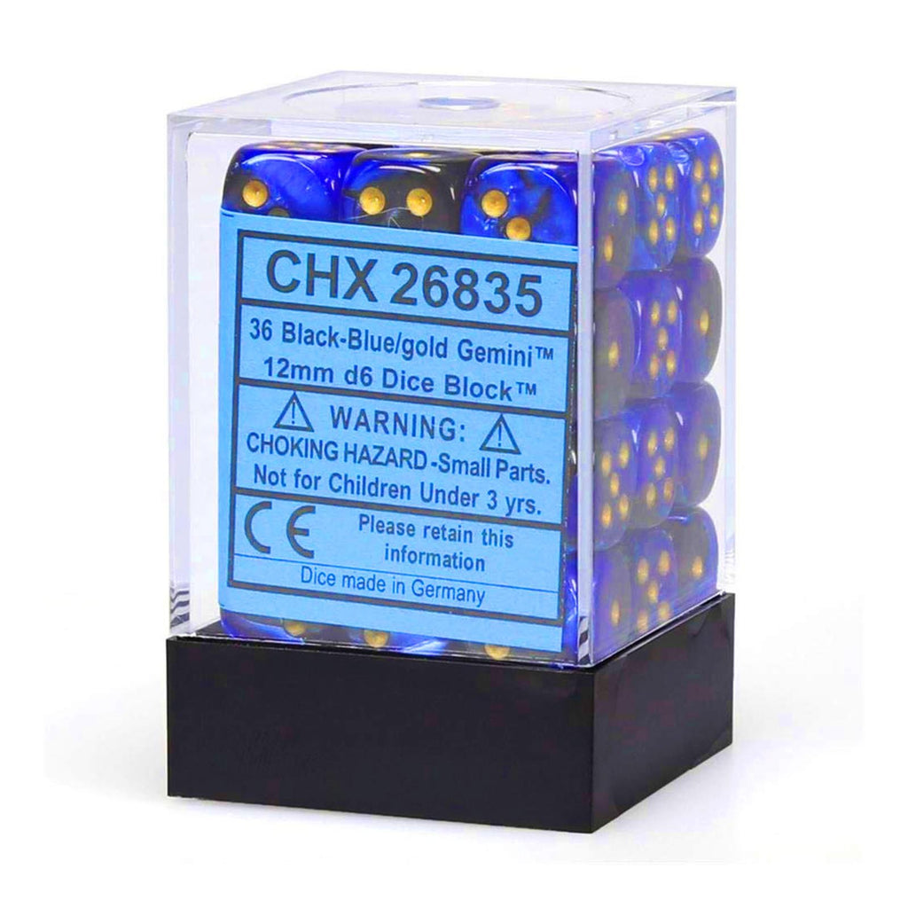 Chessex 12mm D6 Set Dice 36 Count Gemini Black-Blue/Gold CHX 26835 - Radar Toys