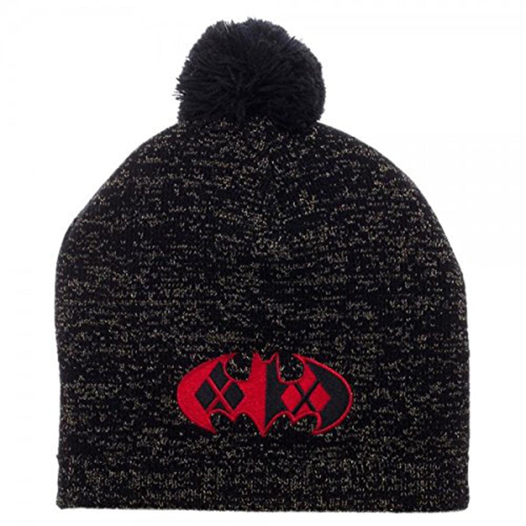 DC Harley Quinn Batman Logo Metallic Lurex Pom Beanie