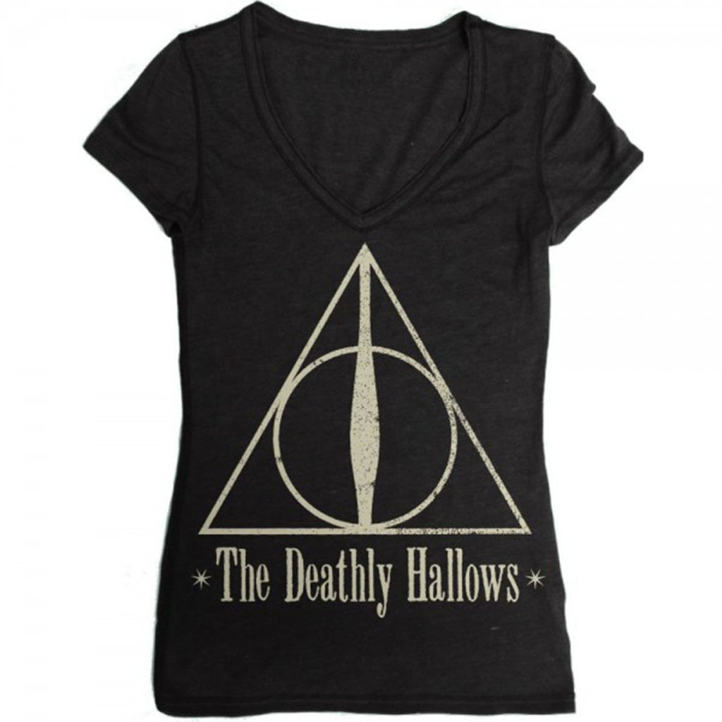 Harry Potter Deathly Hallows Juniors Black V-Neck Tee Shirt - Radar Toys