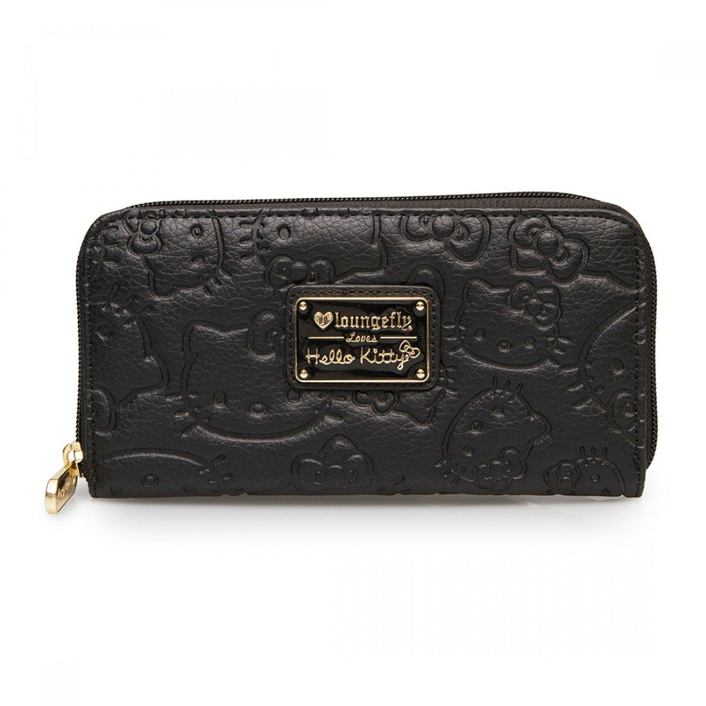 Hello Kitty Large Face Embossed Black Zip Around Wallet