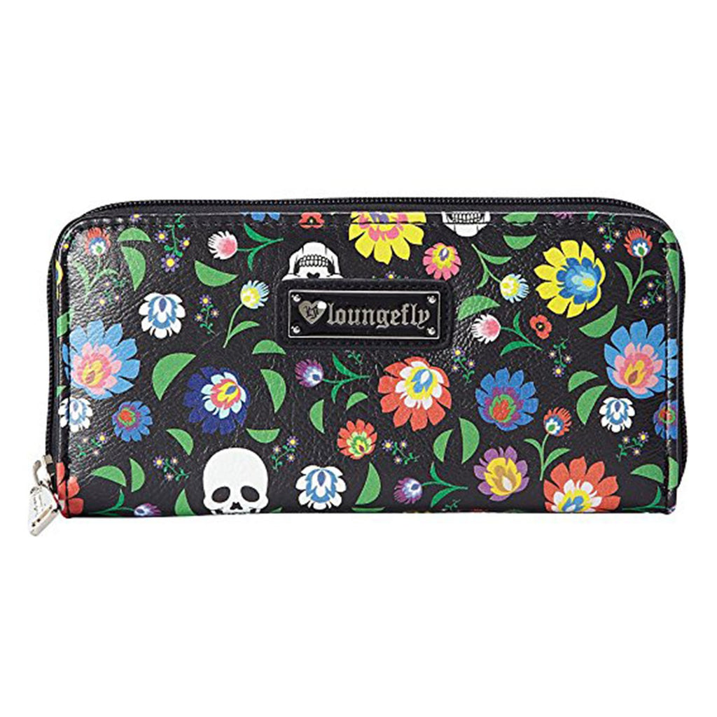 Loungefly Floral And White Skulls All Over Print Zip Around Wallet