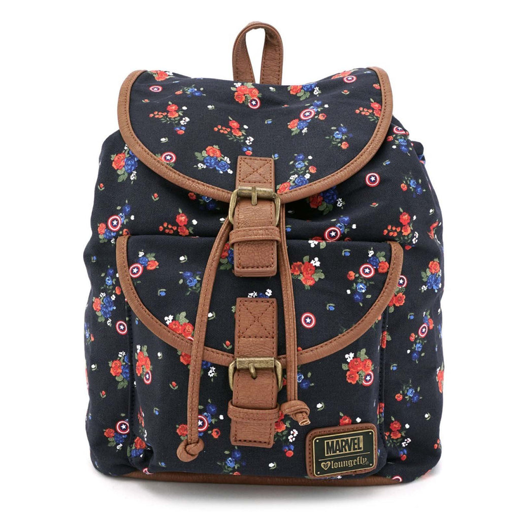 Loungefly Marvel Captain America Floral Canvas Flap Backpack