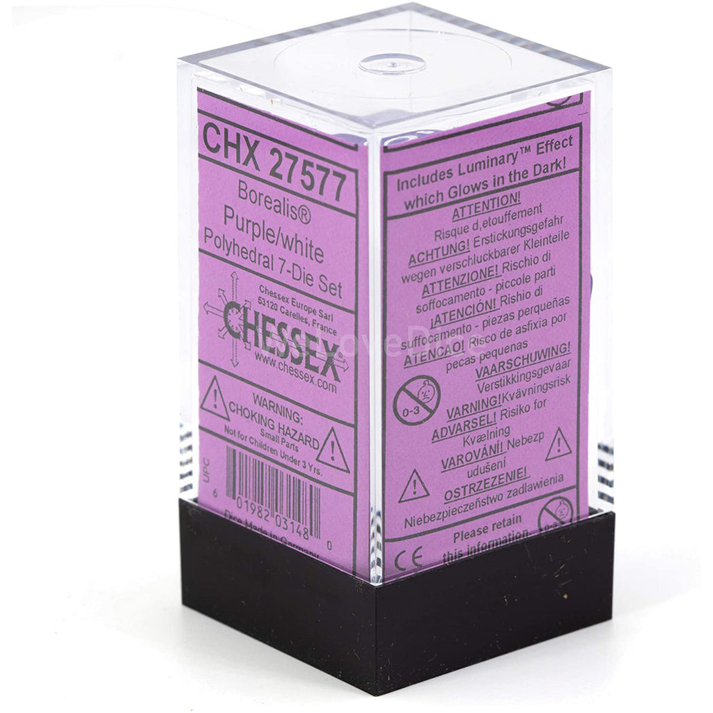 Chessex 7 Set Polyhedral Dice Borealis Purple White Luminary CHX27577