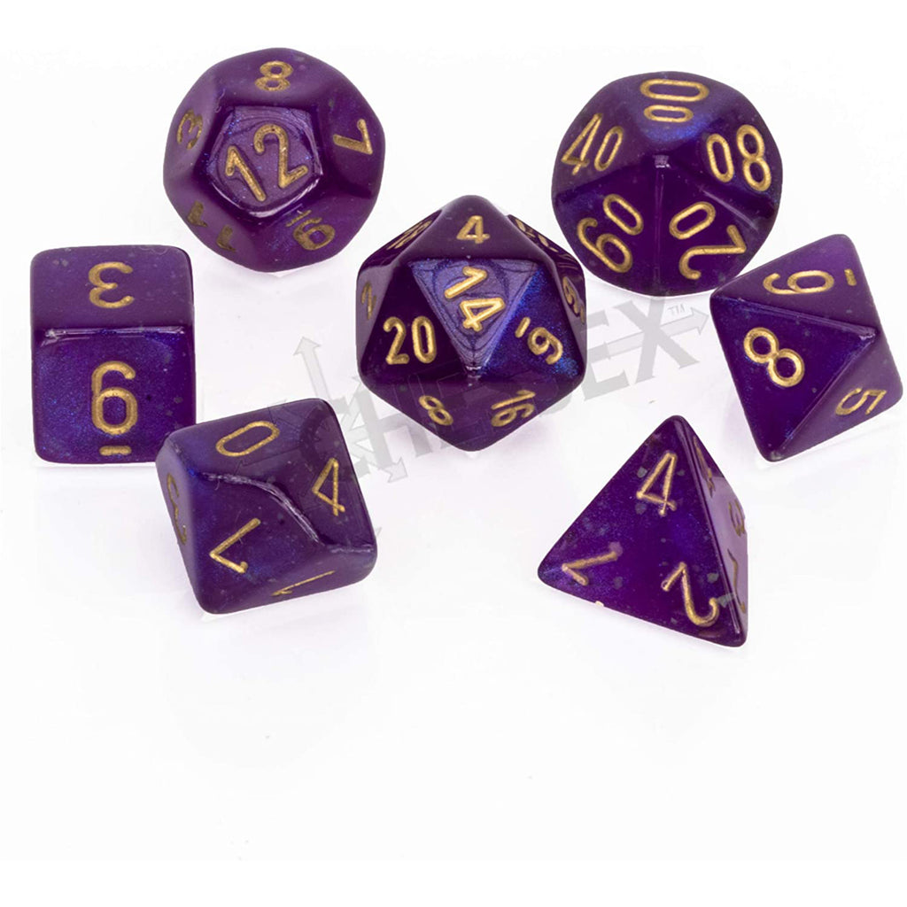 Chessex 7 Set Polyhedral Dice Borealis Royal Purple Gold Luminary CHX27587