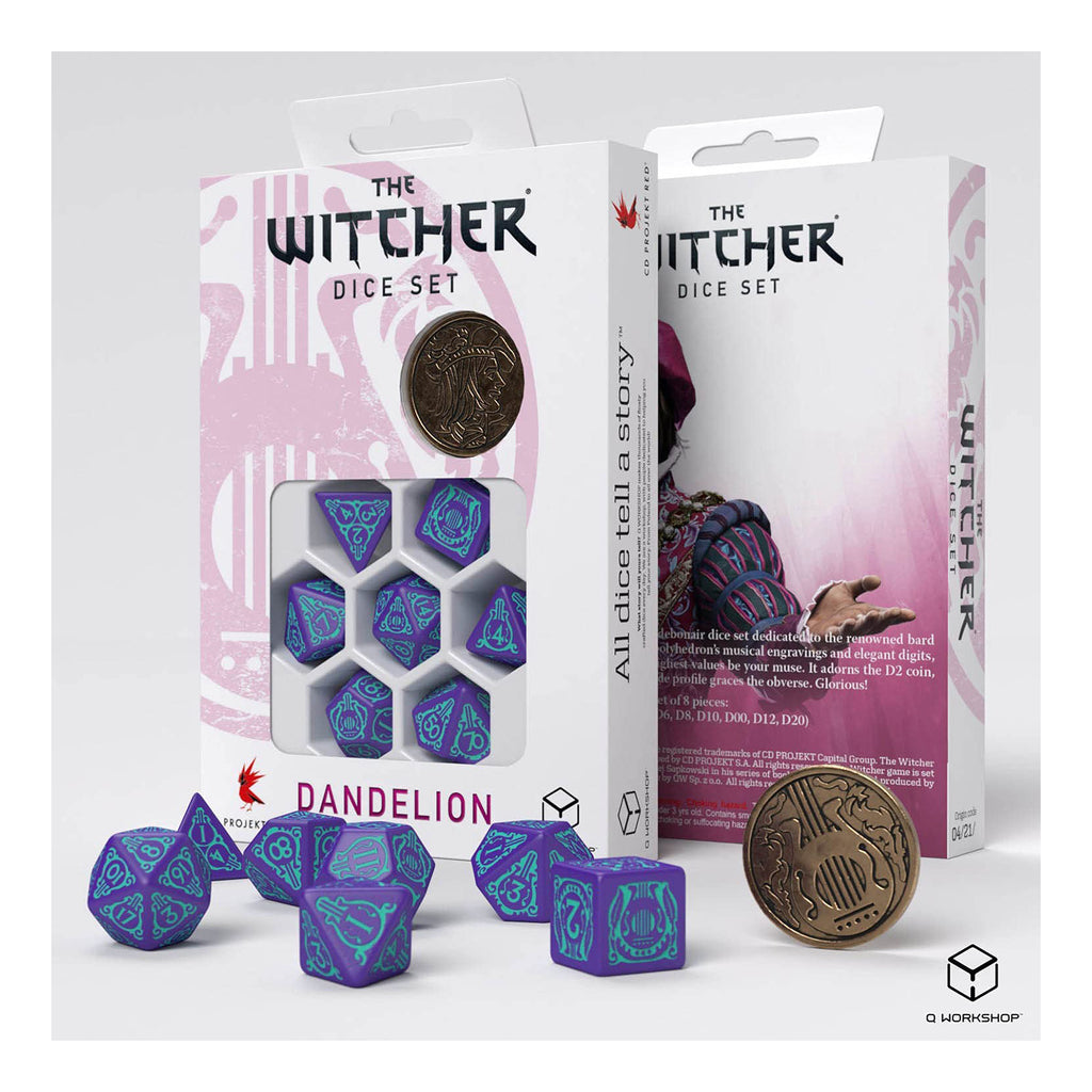 Q-Workshop The Witcher Dandelion Half A Century Of Poetry 7 Piece Dice Set With Coin