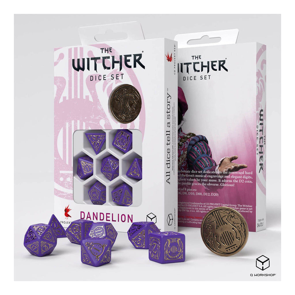 Q-Workshop The Witcher Dandelion Viscount De Lettenhove 7 Piece Dice Set With Coin