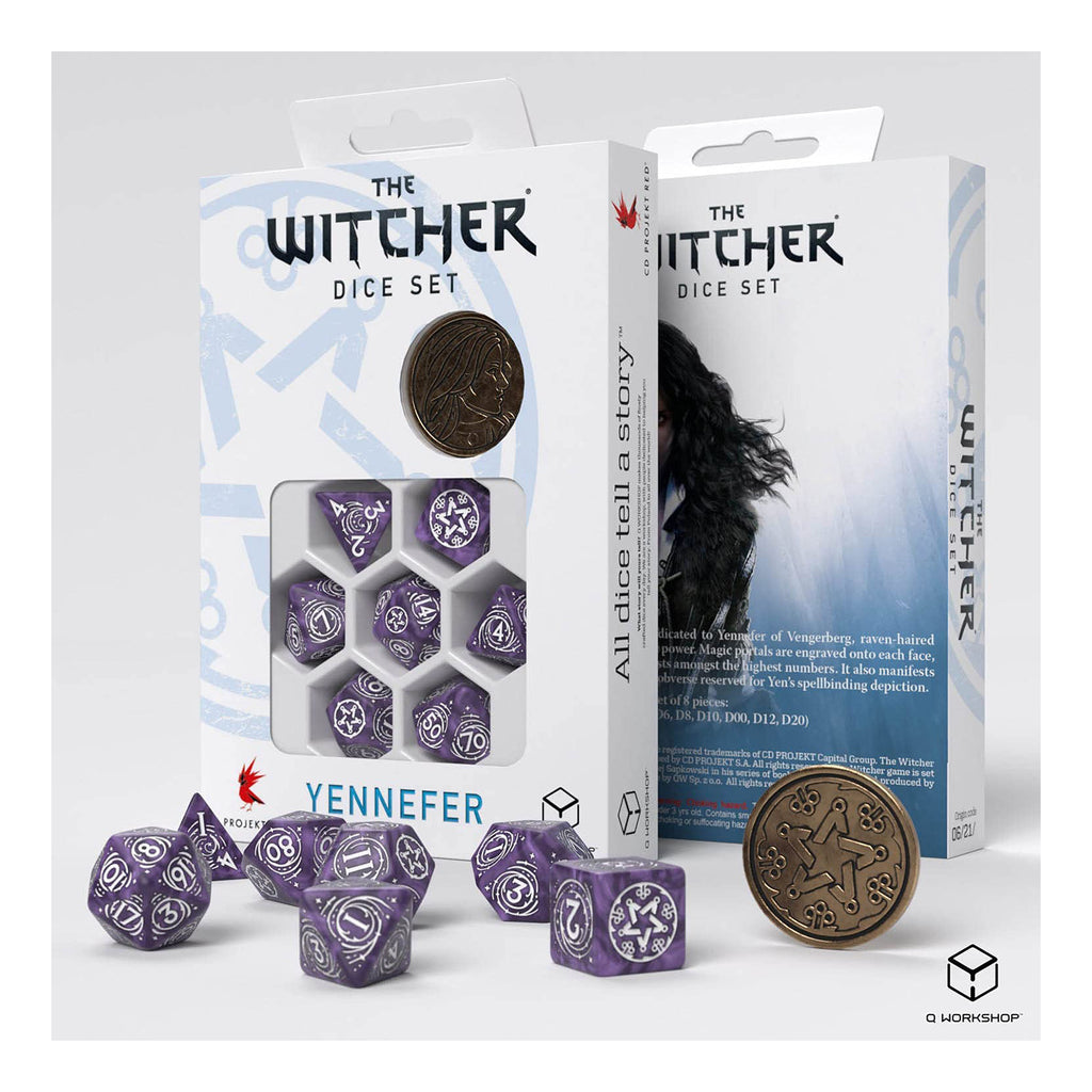 Q-Workshop The Witcher Yennefer Lilac And Gooseberries 7 Piece Dice Set With Coin