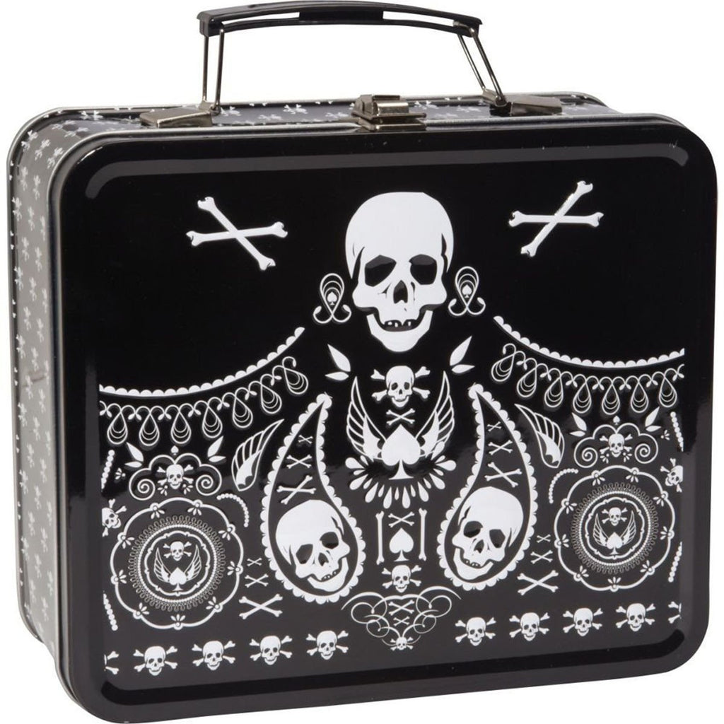 Skull and Paisley Black and White Metallic Metal Tin Lunch Box