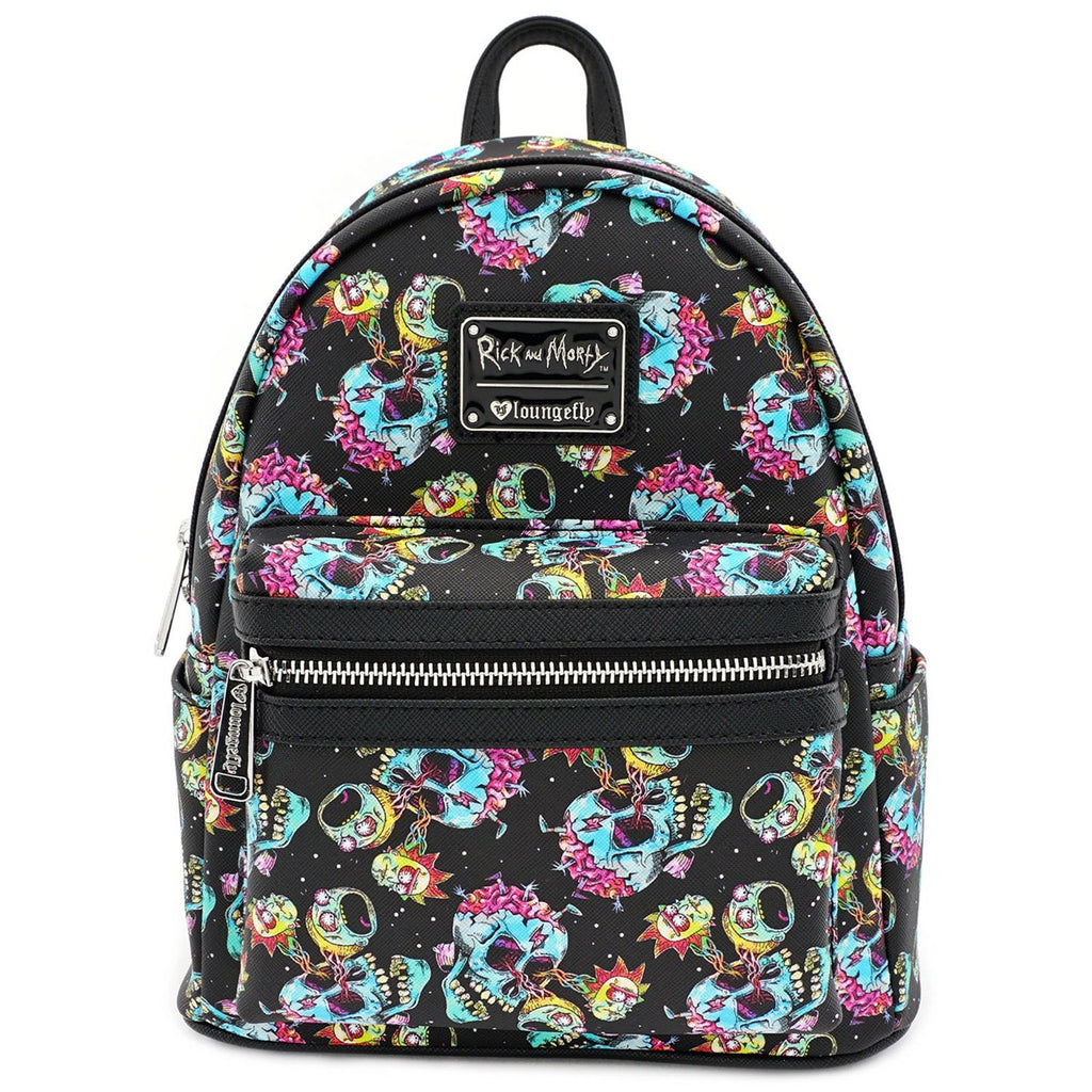 Loungefly Rick And Morty Skull Heads All Over Print Mini Backpack