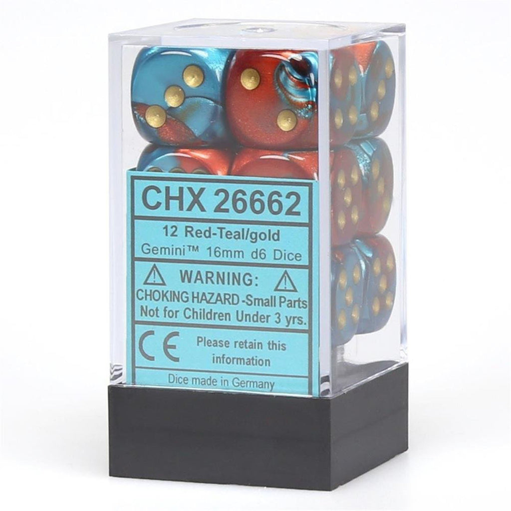 Chessex 12 Count 16mm D6 Gemini Red Teal Gold Dice CHX26662