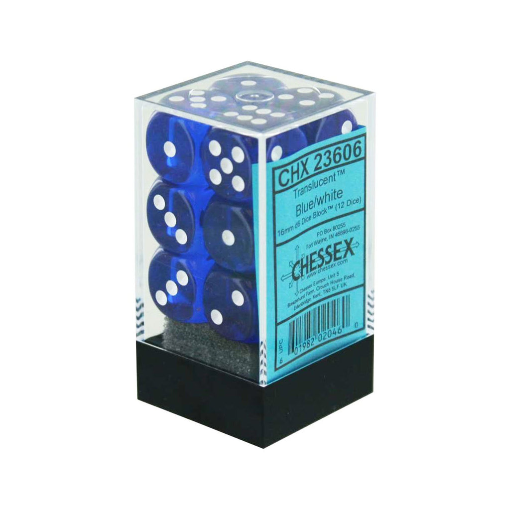 Chessex 12 Count 16mm D6 Translucent Blue White Dice CHX23606