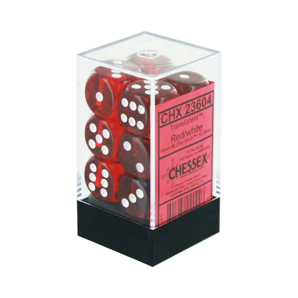 Chessex 12 Count 16mm D6 Translucent Red White Dice CHX23604