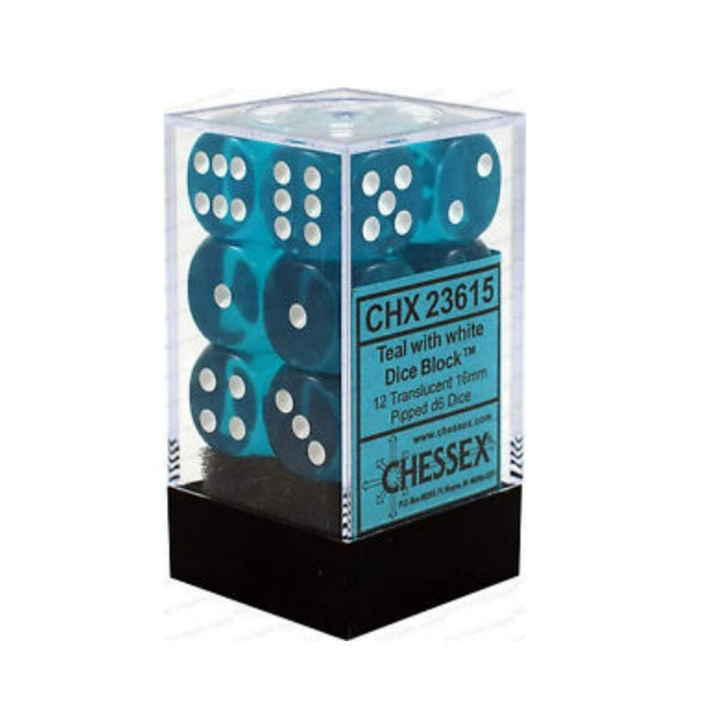 Chessex 12 Count 16mm D6 Translucent Teal White Dice CHX23615 - Radar Toys