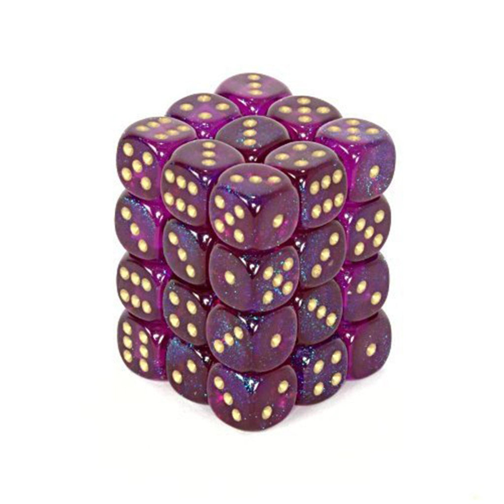 Chessex 12mm D6 Set Dice 36 Count Borealis Royal Purple Gold CHX 27867