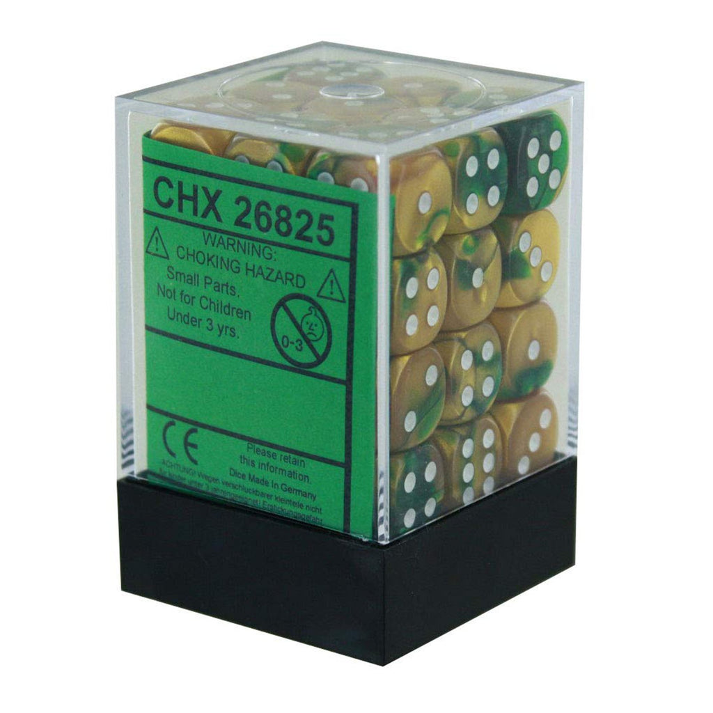 Chessex 12mm D6 Set Dice 36 Count Gemini Gold-Green/White CHX 26825