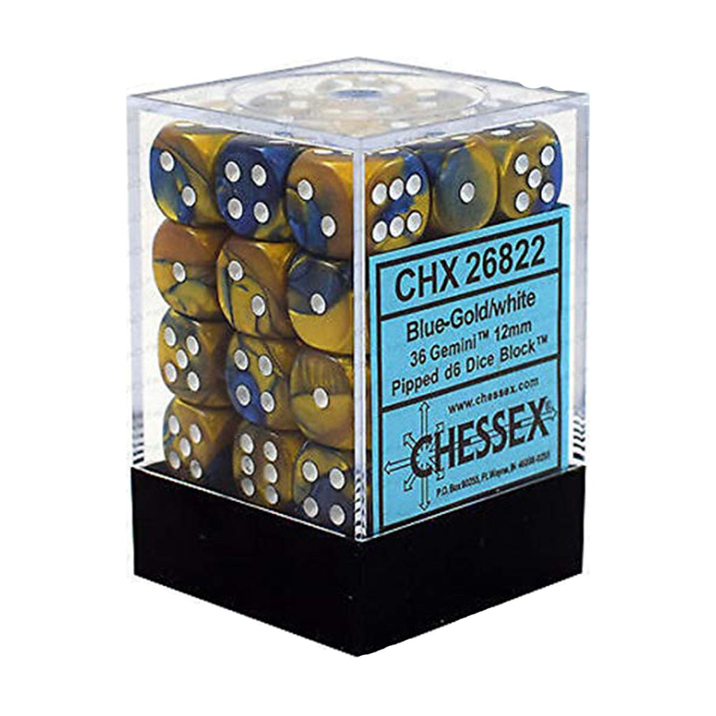 Chessex 12mm D6 Set Dice Gemini Blue Gold White 36 Count 26822