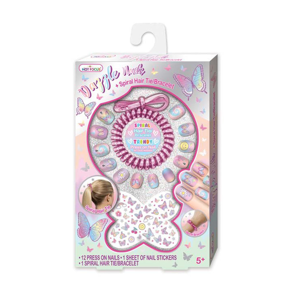 Hot Focus Tie Dye Butterfly Dazzle Nails And Spiral Hair Tie Bracelet Set - Radar Toys