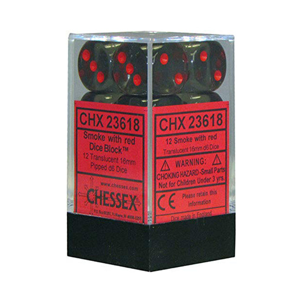 Chessex 12 Count 16mm D6 Translucent Smoke Red Dice CHX23618