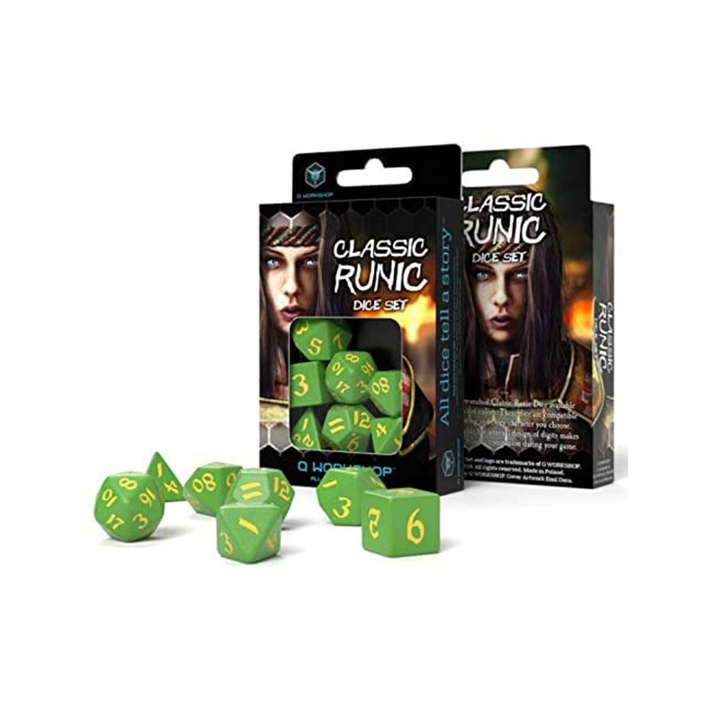 Q-Workshop Classic Runic Green & Yellow Roleplaying 7 Piece Dice Set