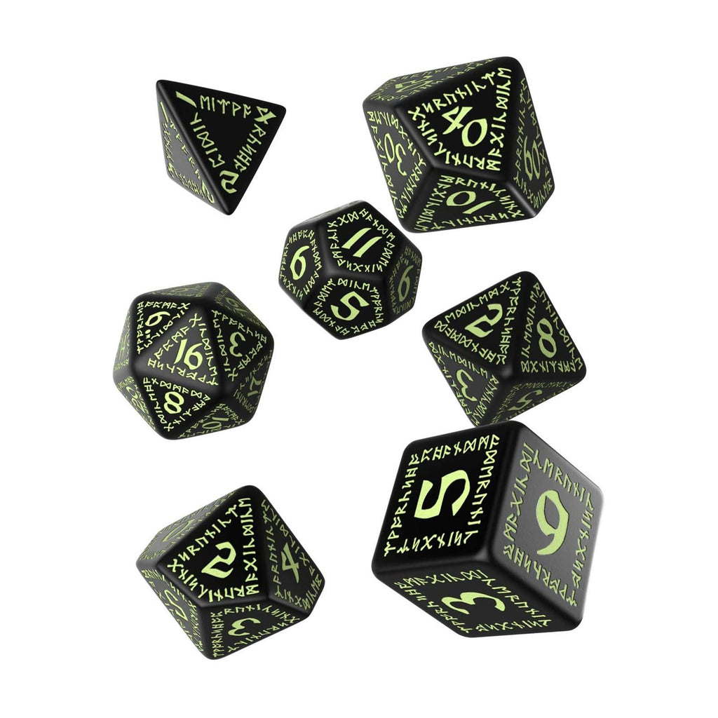 Q-Workshop Runic Black & Glow In The Dark Roleplaying 7 Piece Dice Set