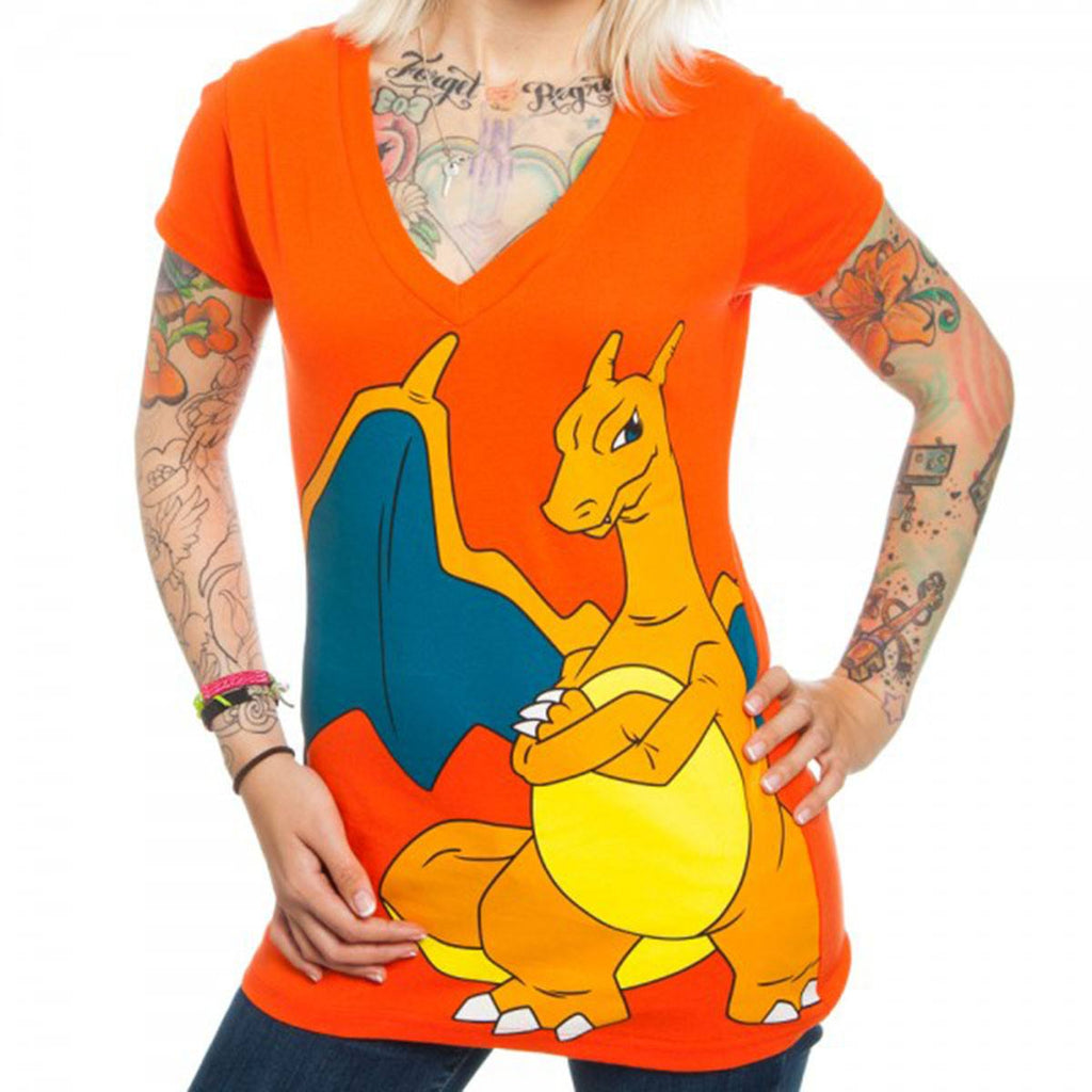 Pokemon Charizard Juniors Orange V-Neck Tee Shirt
